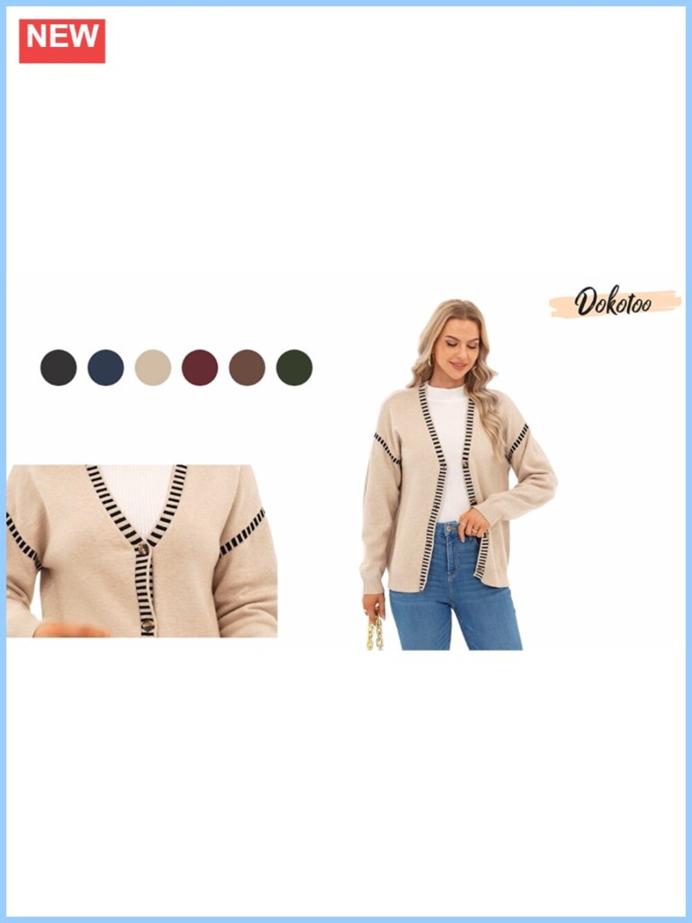 Oversized V-Neck Button Front Cardigan Sweater with Stripe Trim - Picture 6 of 6